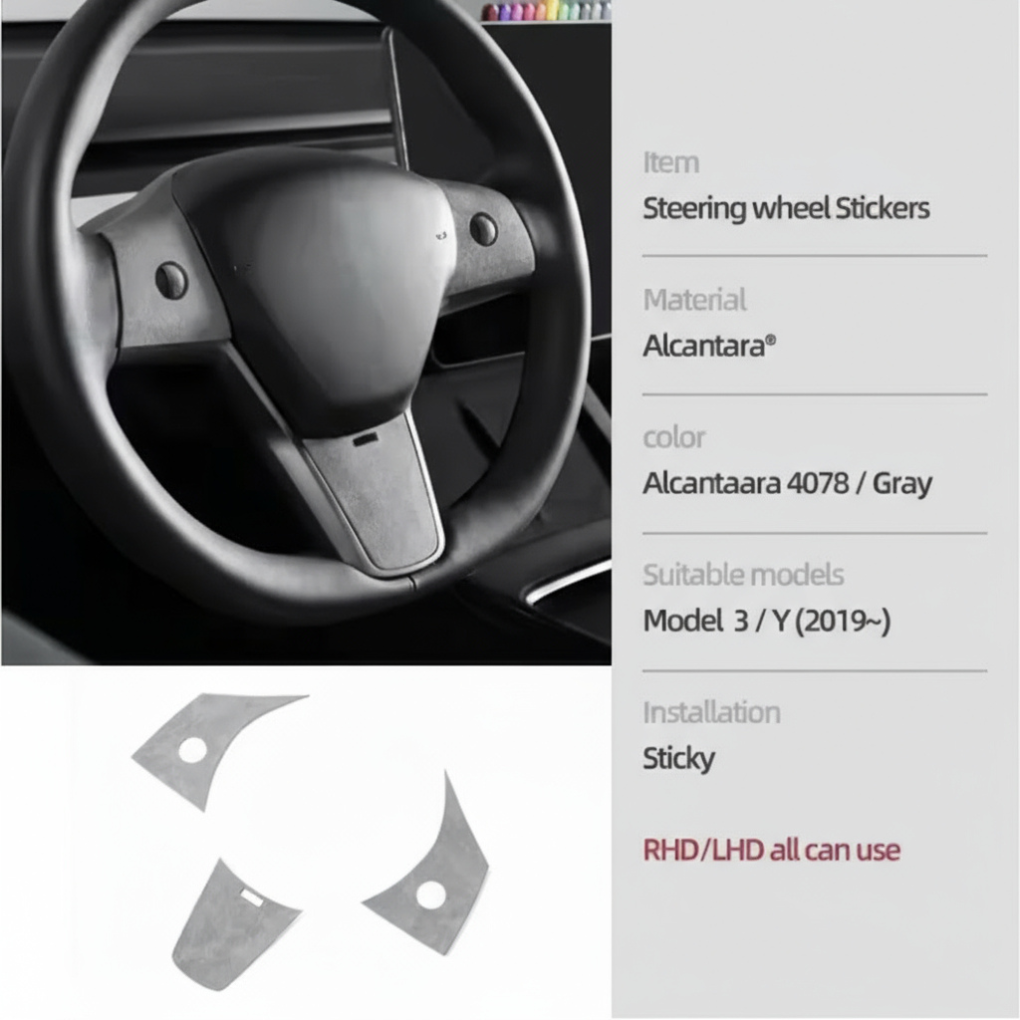 Alcantara Steering Wheel Patch Covers – For Tesla Model 3/Y (2019–2023)