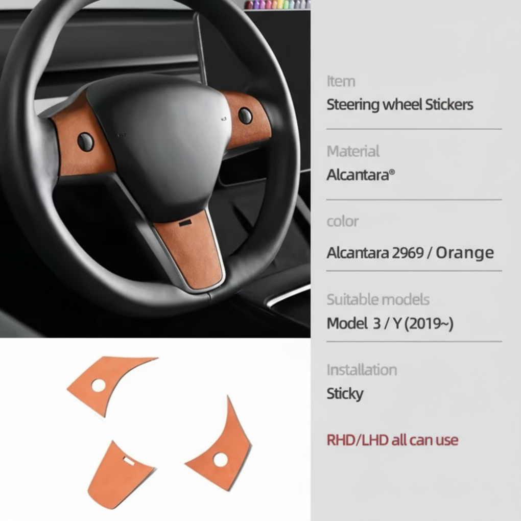 Alcantara Steering Wheel Patch Covers – For Tesla Model 3/Y (2019–2023)
