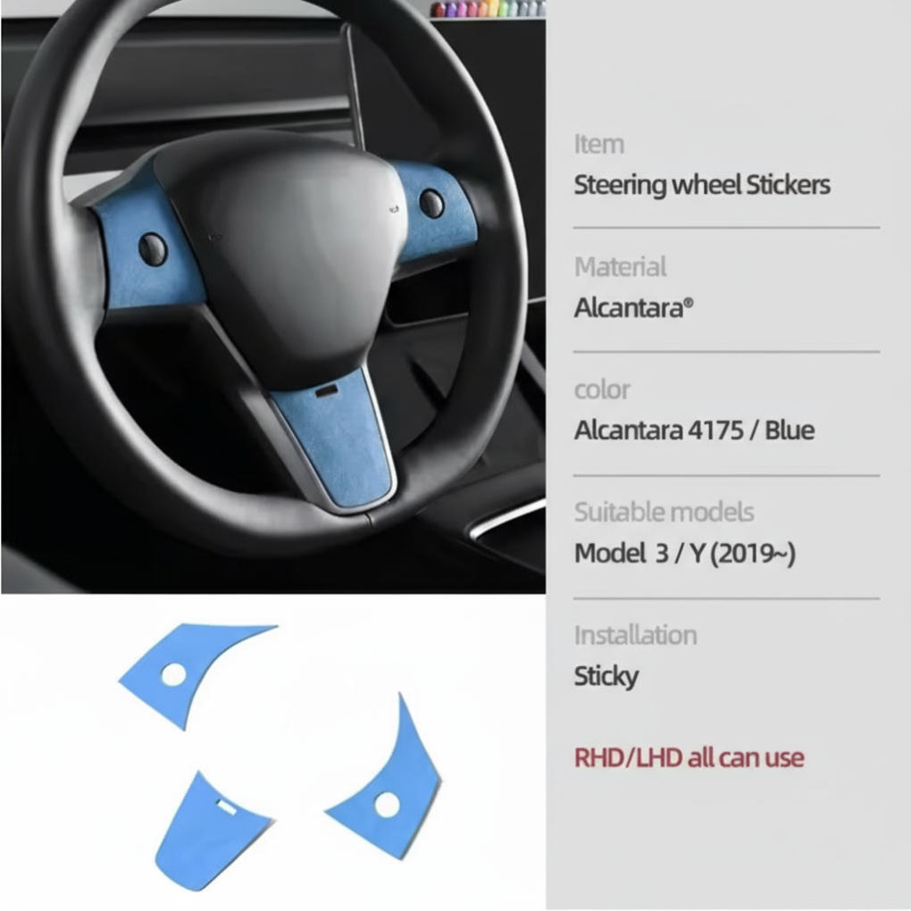 Alcantara Steering Wheel Patch Covers – For Tesla Model 3/Y (2019–2023)