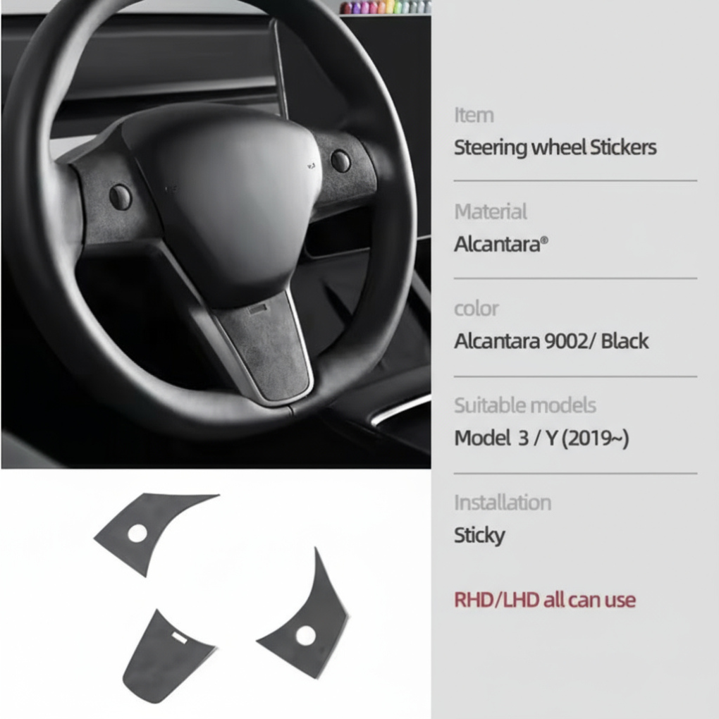 Alcantara Steering Wheel Patch Covers – For Tesla Model 3/Y (2019–2023)